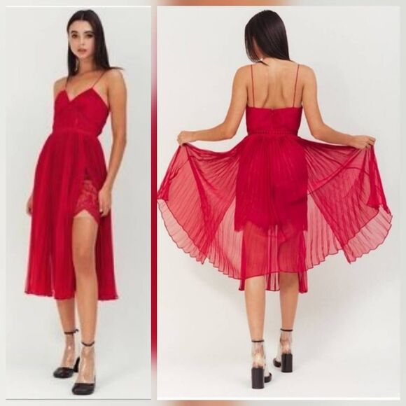 Self-Portrait Pleated Chiffon Lace Dress ASO Cristal Dynasty Sz 8 - Picture 2 of 11